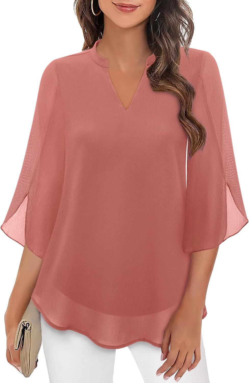 Women's Flowy V-Neck Chiffon Blouse with Petal Sleeves