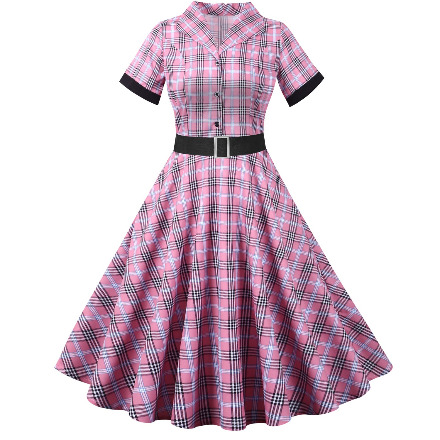 Retro Plaid Short Sleeve Dress with Belt