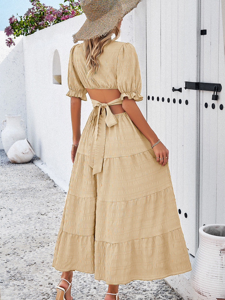 Casual V Neck Short Sleeves Long Dresses
