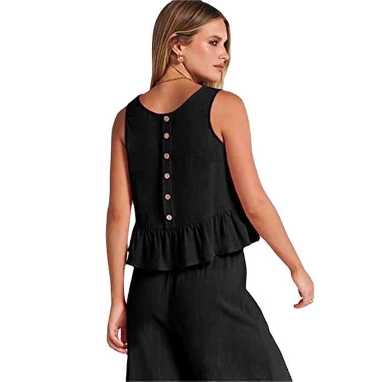 Women's Summer Sleeveless Pleated Vest & Wide-Leg Cropped Pants Casual Set