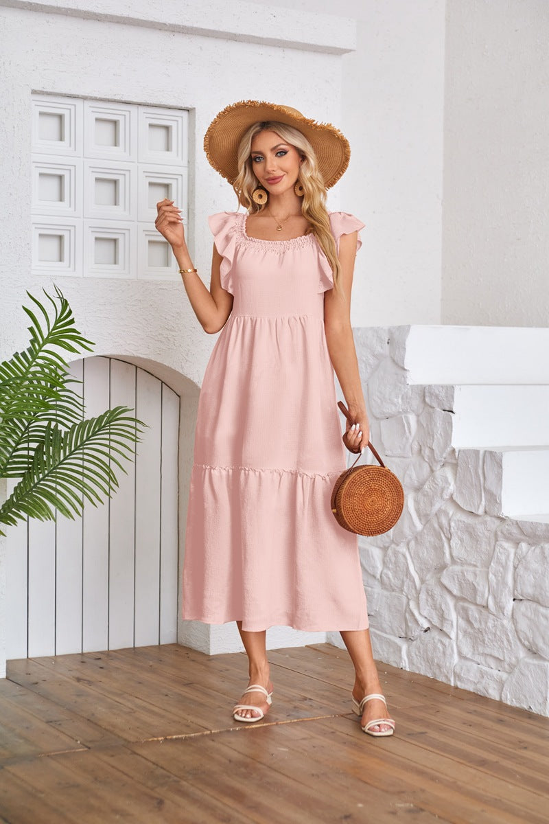 Flying Sleeve Square Neck Off Shoulder Pleated Hem Dress