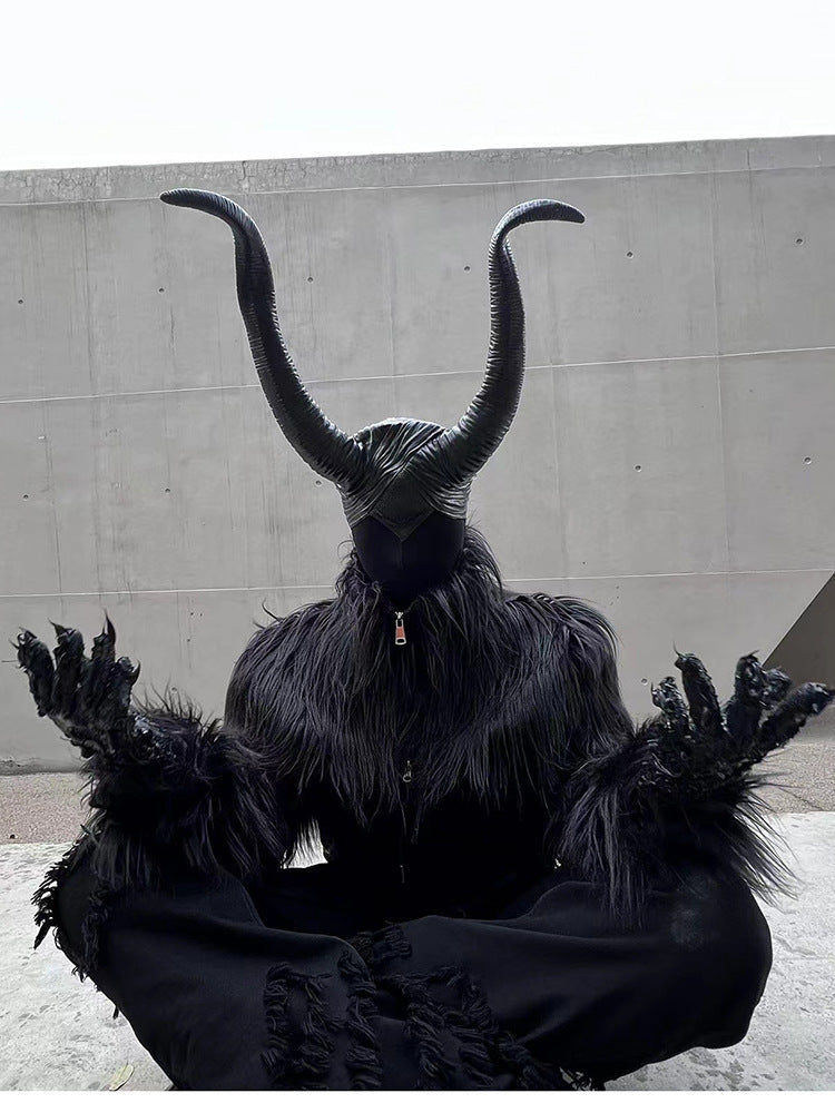 Halloween Dark Fantasy Horned Headpiece & Cropped Faux Fur Jacket Set