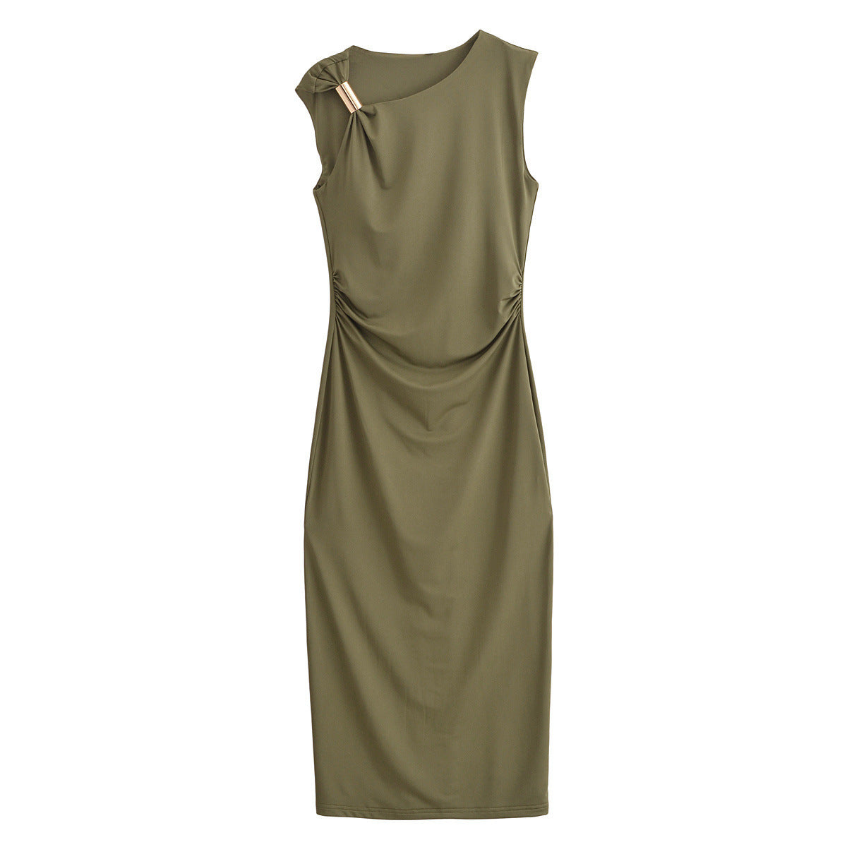 Gold Trim Asymmetrical Neckline Sleeveless Midi Dress