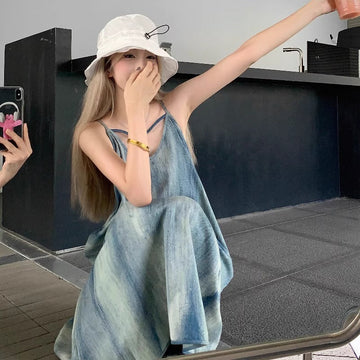 Retro Tie-Dye Strap Dress – Summer Loose Boho Beach Maxi Dress for Vacation