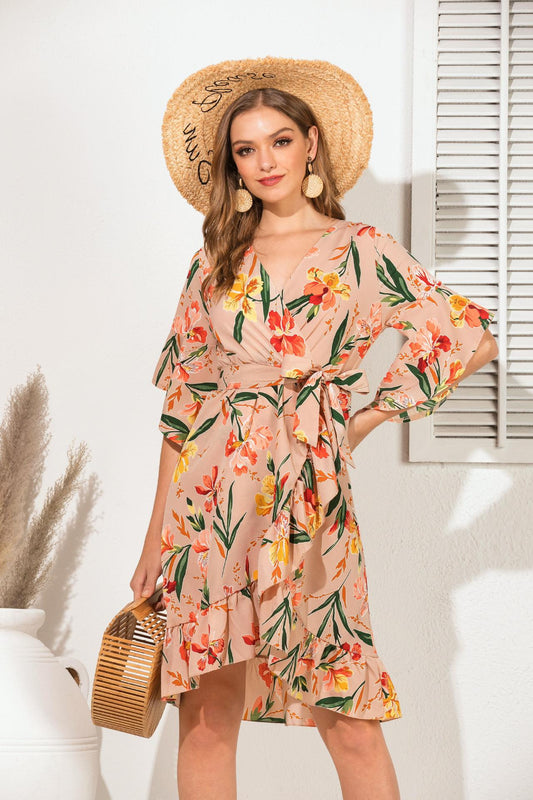 Casual V Neck Floral Print Ruffled Short Daily Dresses