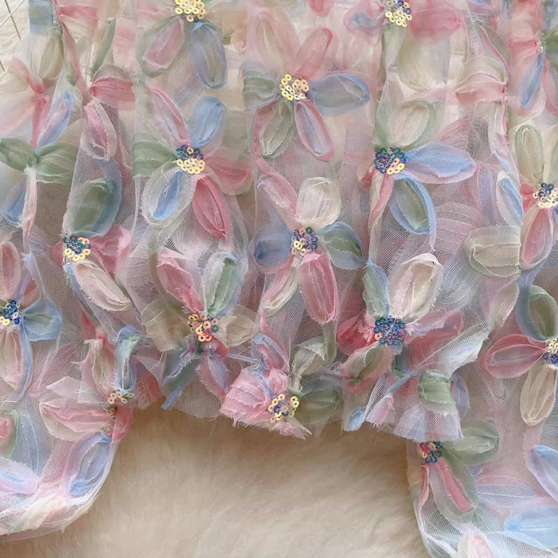 Fairy One-Shoulder Long Sleeve 3D Flower Mesh Shirt