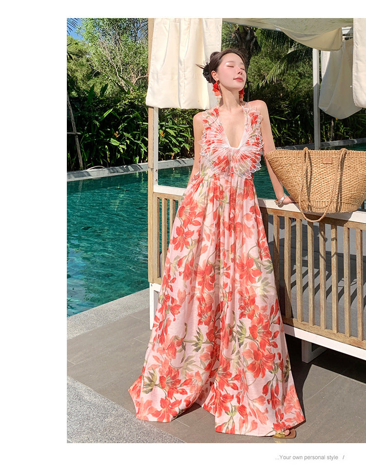Lily Flower Winged Halter Backless Maxi Dress – Elegant Summer Vacation Gown