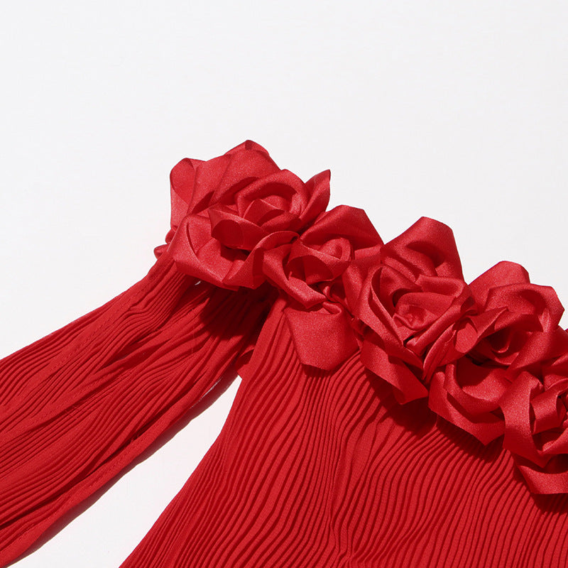 Designed Women's Floral Patchwork Maxi Dress with 3D Flower Shoulder