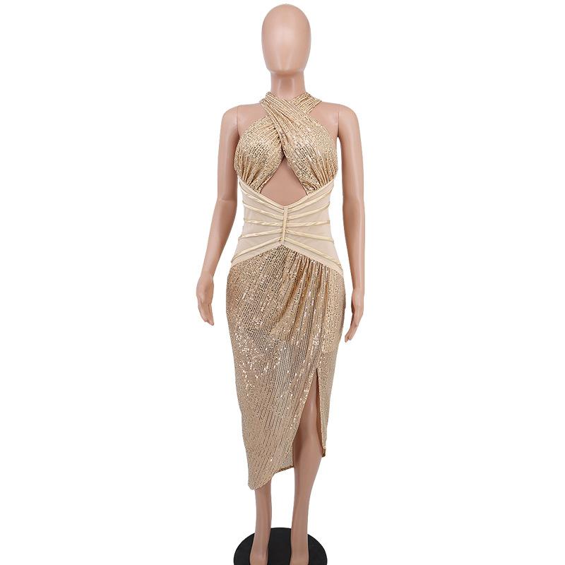 Sexy Sequined Halter Split Front Women Party Dresses-Dresses-Free Shipping at meselling99