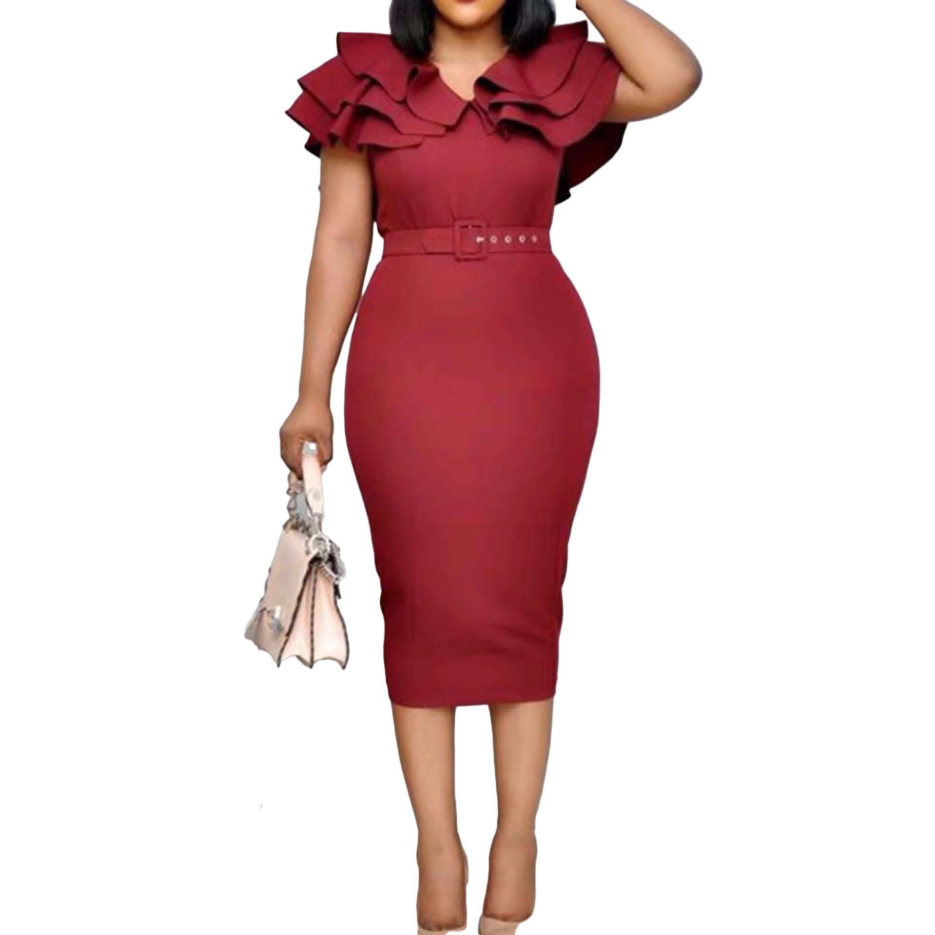 Elegant Women Ruffled Office Lady Dresses-Dresses-Wine Red-S-Free Shipping at meselling99