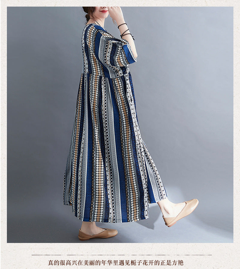 Women Loose Plus Sizes Long Dresses-Dresses-Striped-One Size-Free Shipping at meselling99