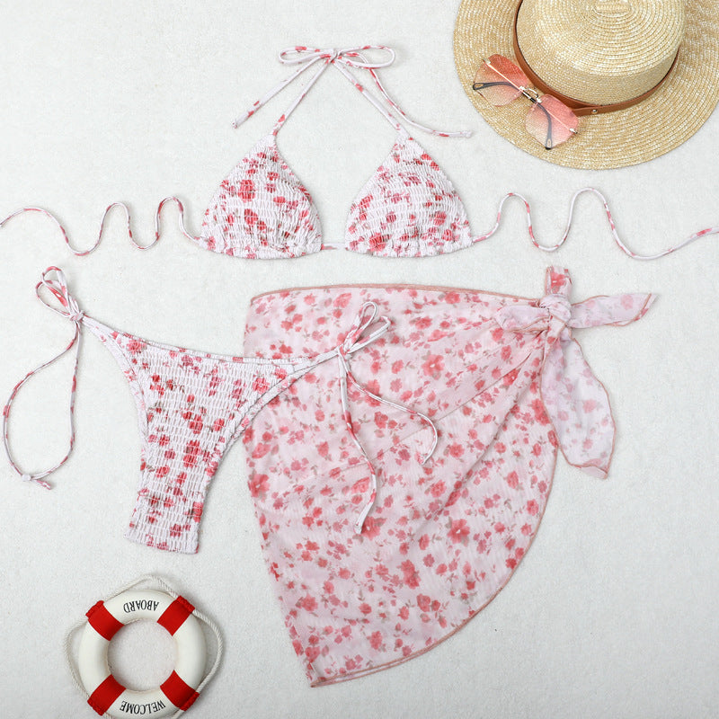 Print Bikini Three-Piece Set – Sheer Skirt Separates, Sexy Vacation Swimwear