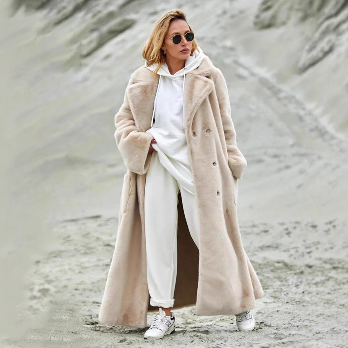 Women's Long Plush Fur Coat with Belted Waist & Notched Lapel
