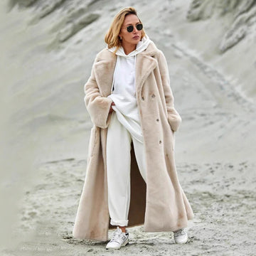 Women's Long Plush Fur Coat with Belted Waist & Notched Lapel