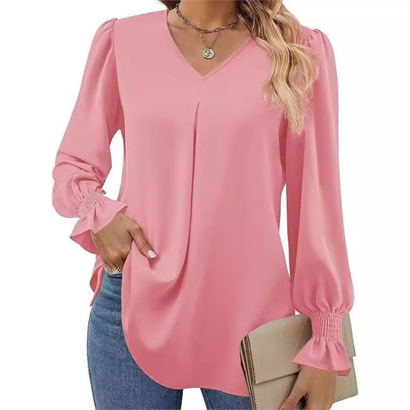 Women's Solid Color Chiffon V-Neck Bell Sleeve Blouse