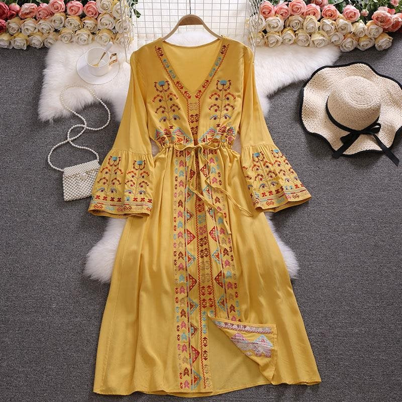 Bohemian Summer V Neck Long Vacation Dresses