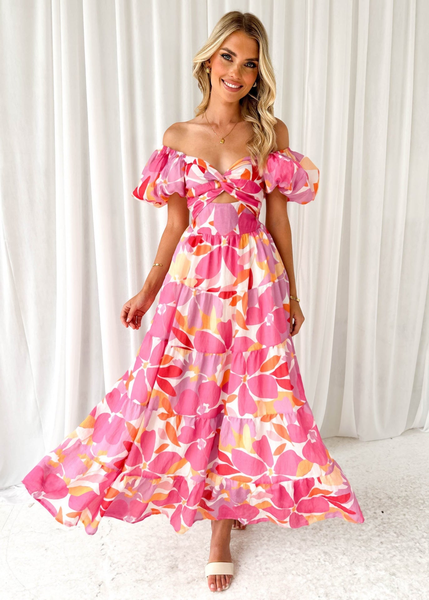 Elegant Floral Print Puff Sleeve Dress