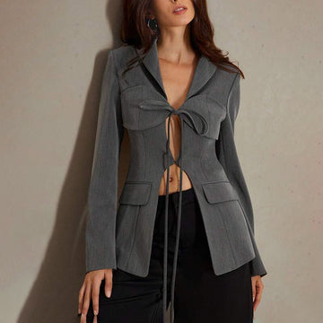 Women's Designer V-Neck Lace-Up Belted Asymmetrical Blazer Jacket