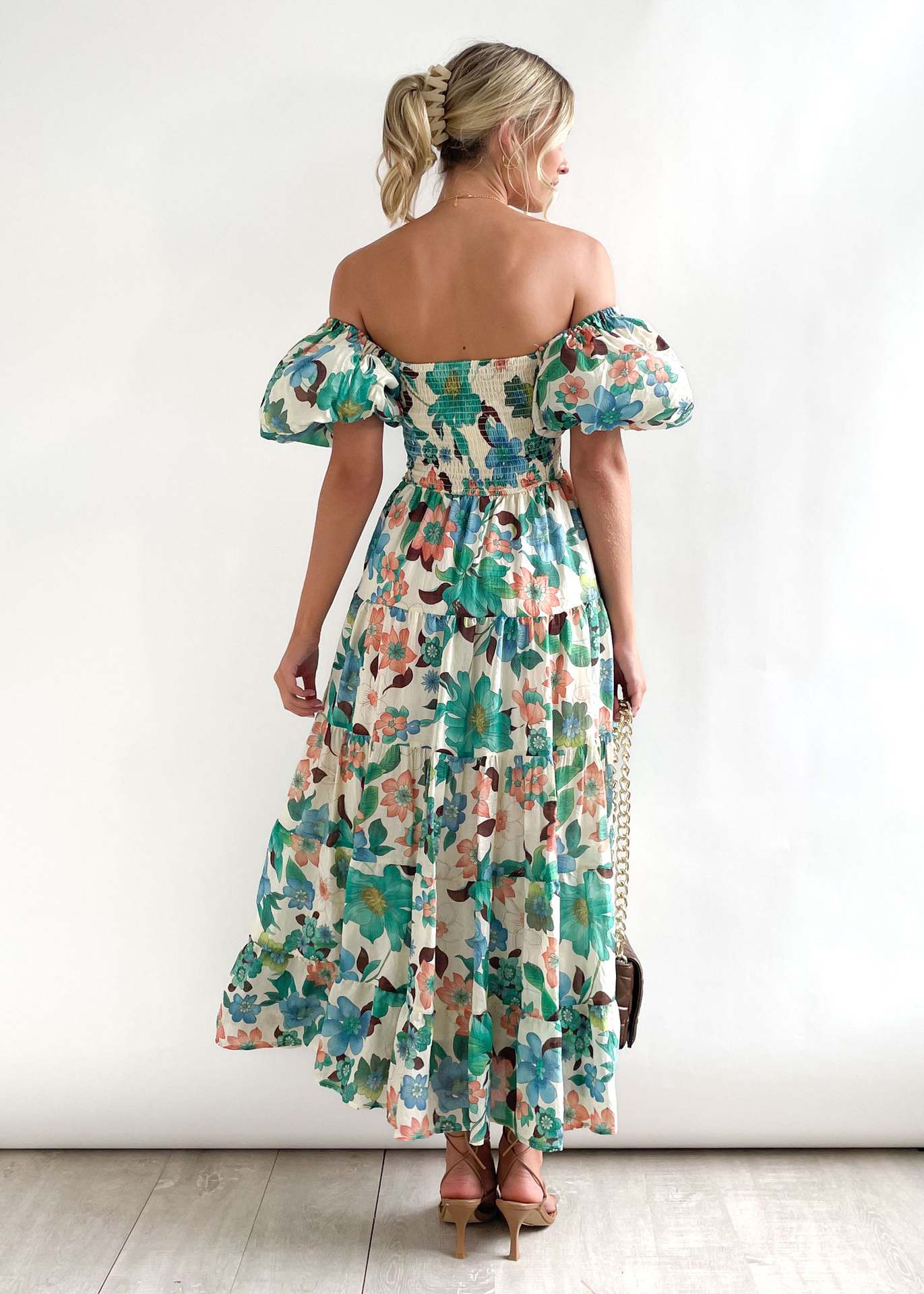 Spring Summer Off-Shoulder Floral Print Puff Sleeve Dress