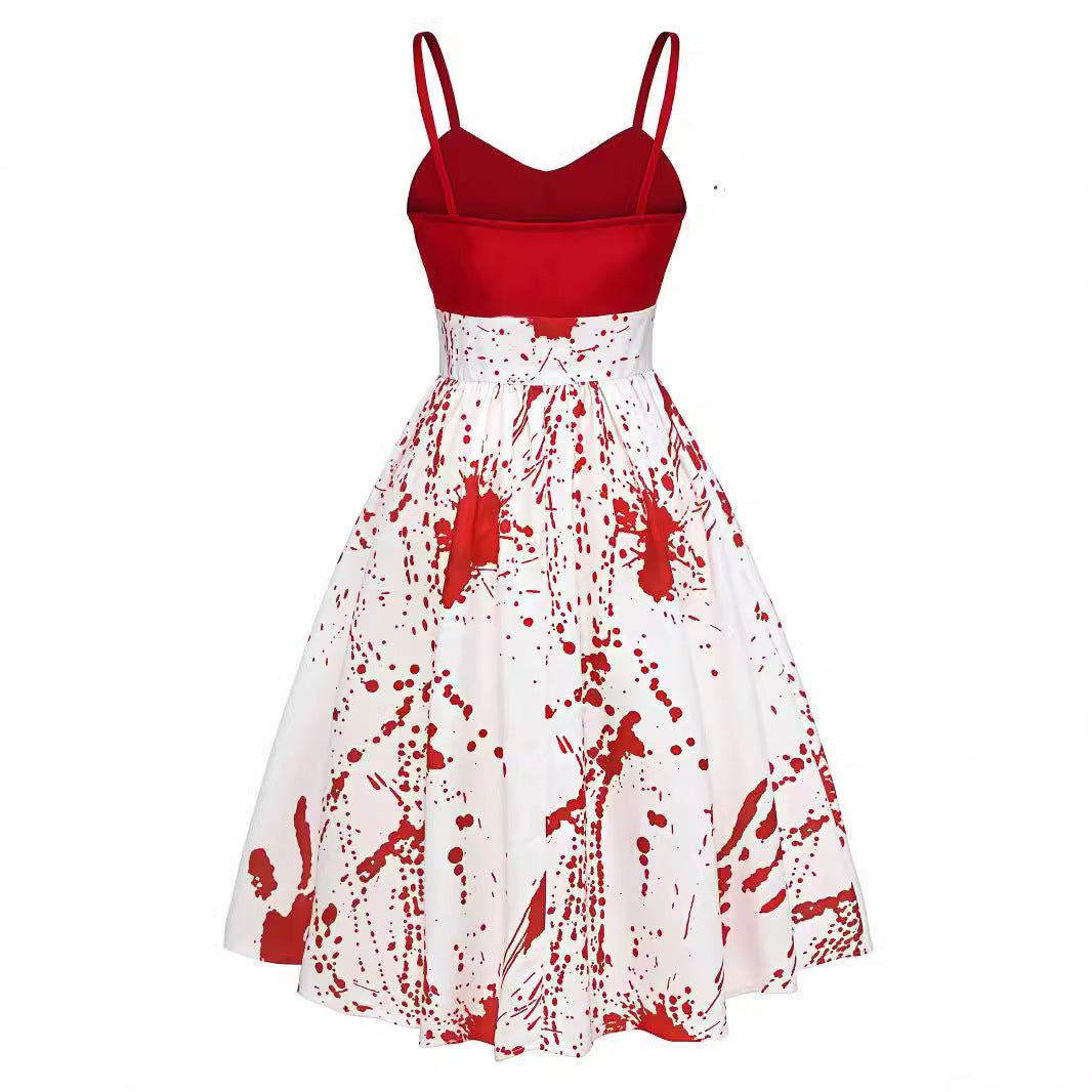 Halloween Doodle Print Color-Block Slim Fit Slip Dress