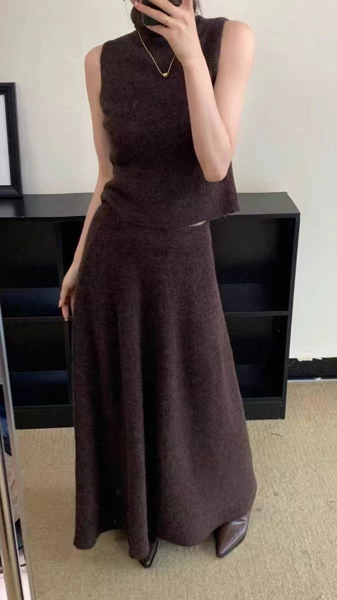 Women's Knit Three-Piece Set: High-Neck Vest & Skirt Outfit