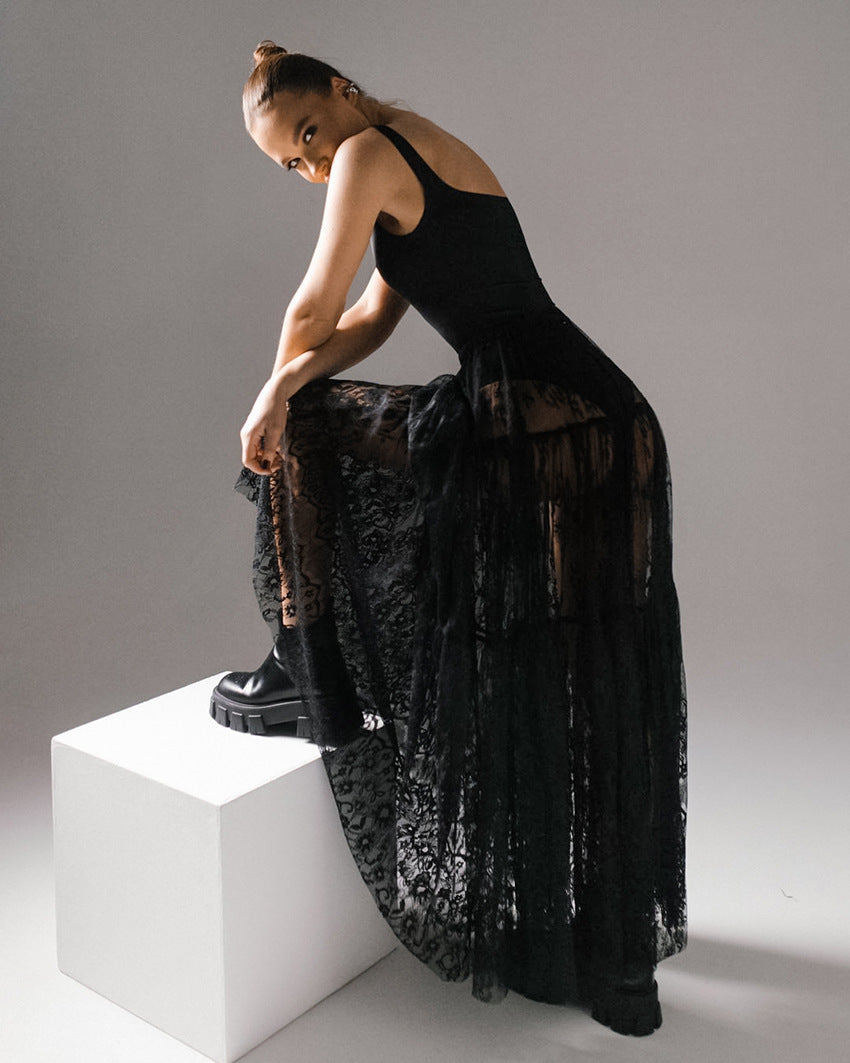 Black Sheer Lace High Waist Pencil Skirt