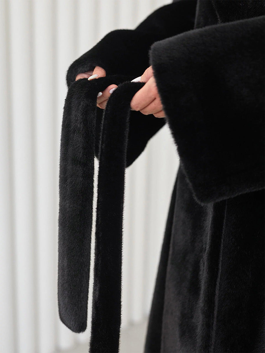 Women's Long Plush Fur Coat with Belted Waist & Notched Lapel