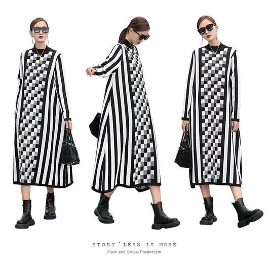 Black&white Knitted Striped Women Long Cozy Dresses-Dresses-The same as picture-One Size-Free Shipping at meselling99