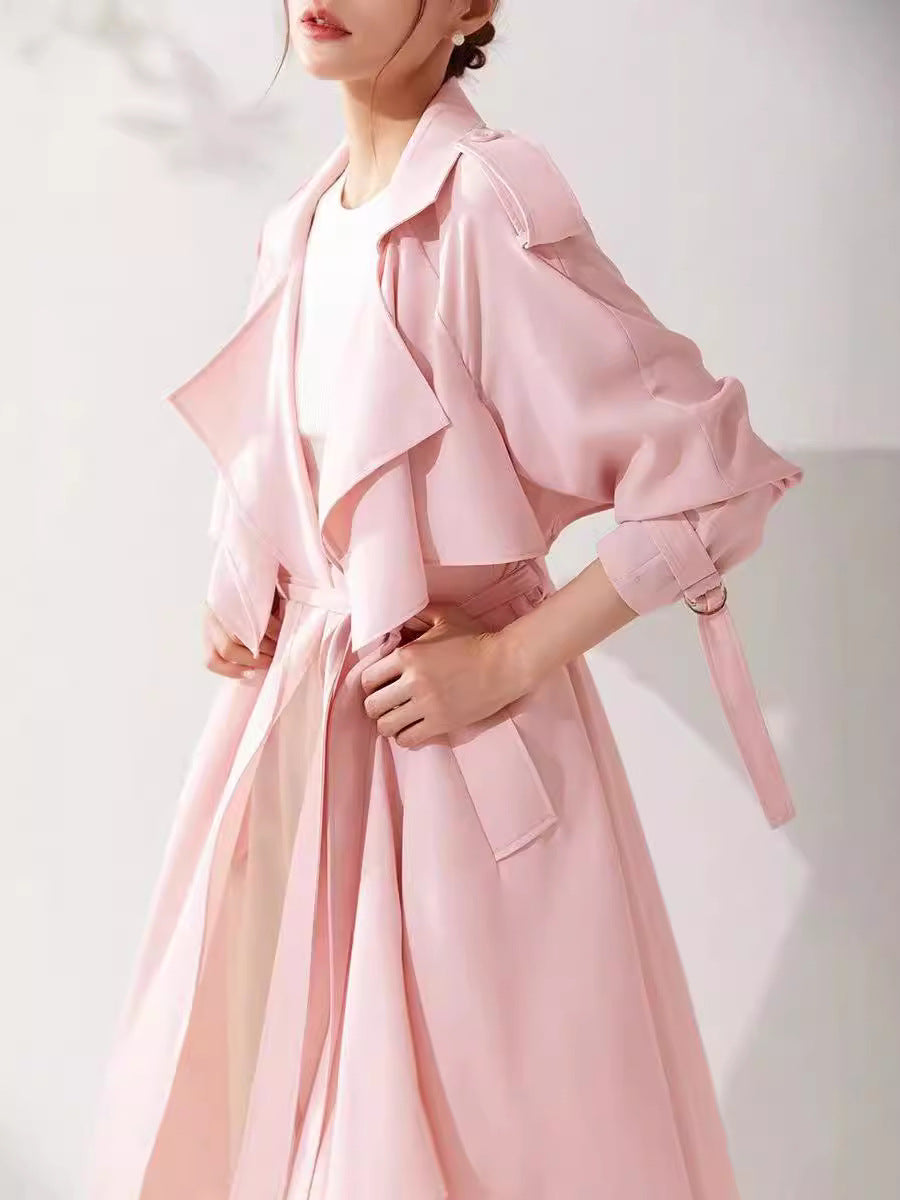 Elegant Pink Long Belted Lightweight Draped Trench Coat