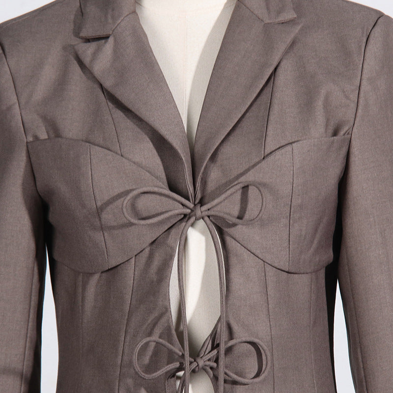Women's Designer V-Neck Lace-Up Belted Asymmetrical Blazer Jacket