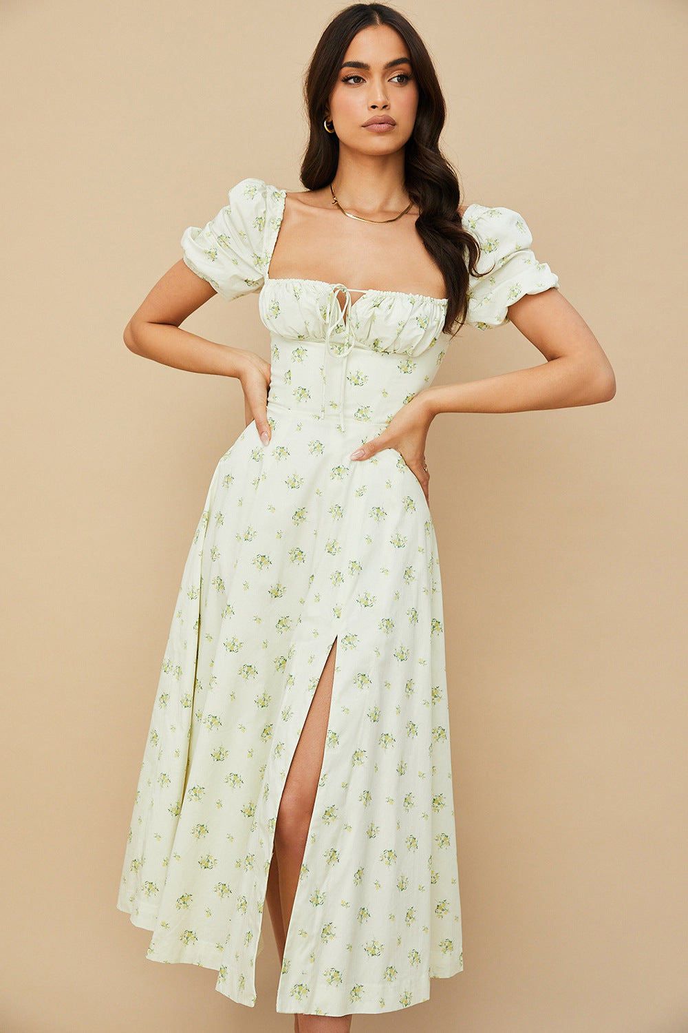Women's Floral Wrap Slit Maxi Dress with Puff Sleeves