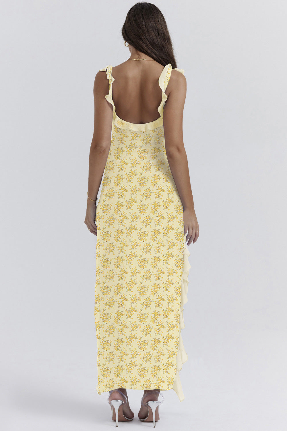 Strappy Ruffle Detail High-Slit Long Dress