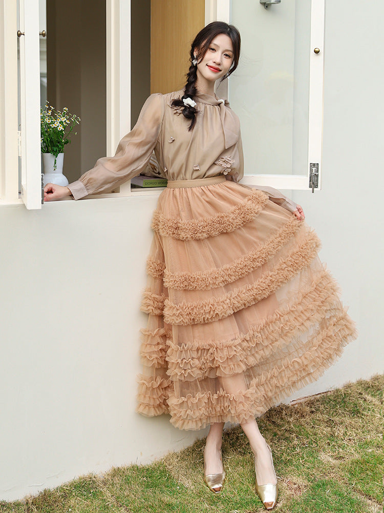 Layered Tulle Skirt - High Waist Ruffled Lace Trim Semi-Formal Skirt