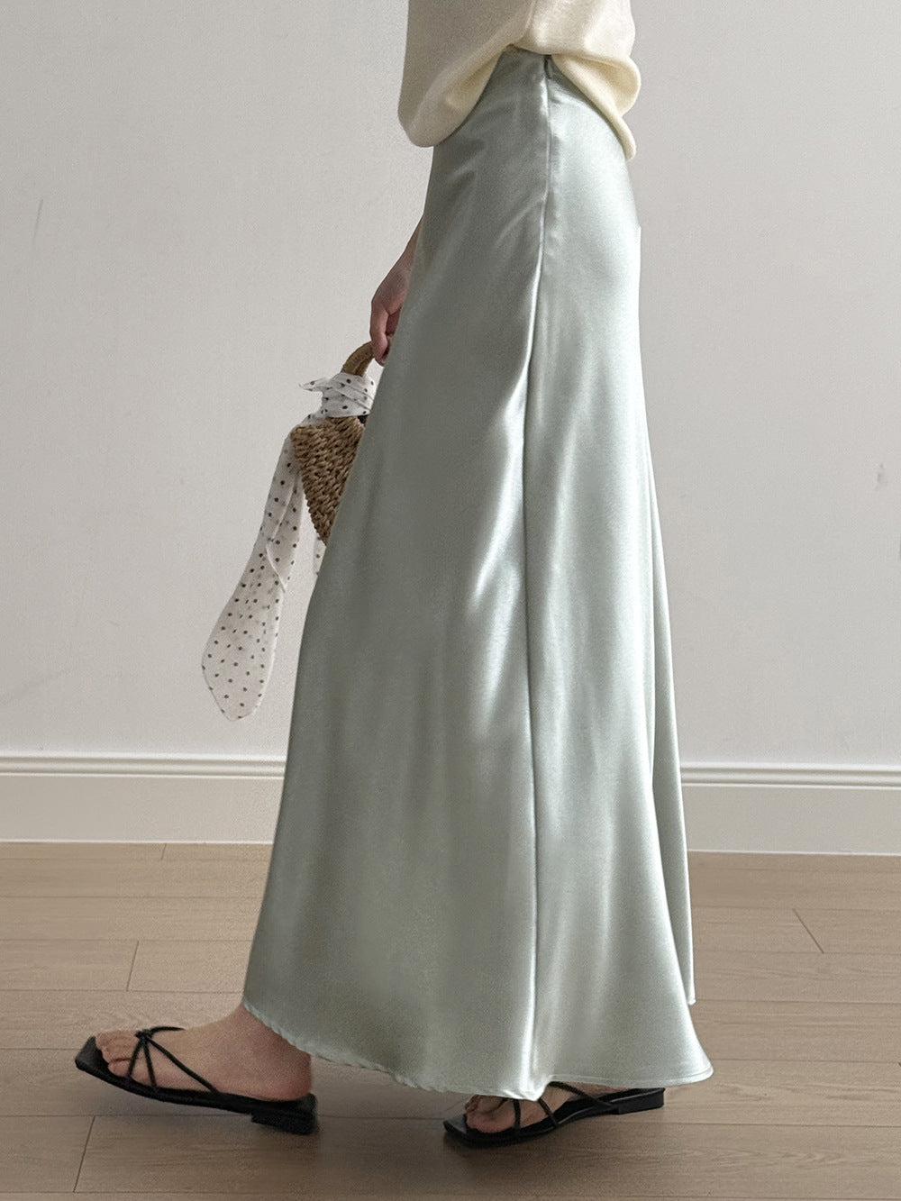 uxury Satin Midi Skirt – High Waist Bodycon Fishtail Skirt with Textured Detail-White-M-Free Shipping Leatheretro