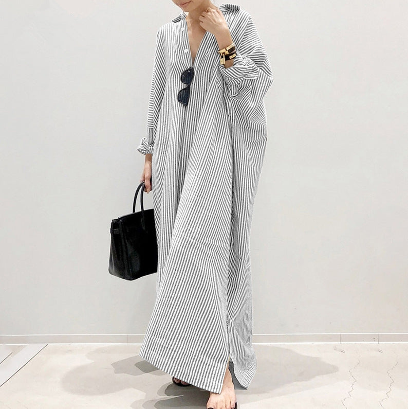 Casual Striped Plus Sizes Irregular Women Long Cozy Dresses-Dresses-Gray-S-Free Shipping at meselling99
