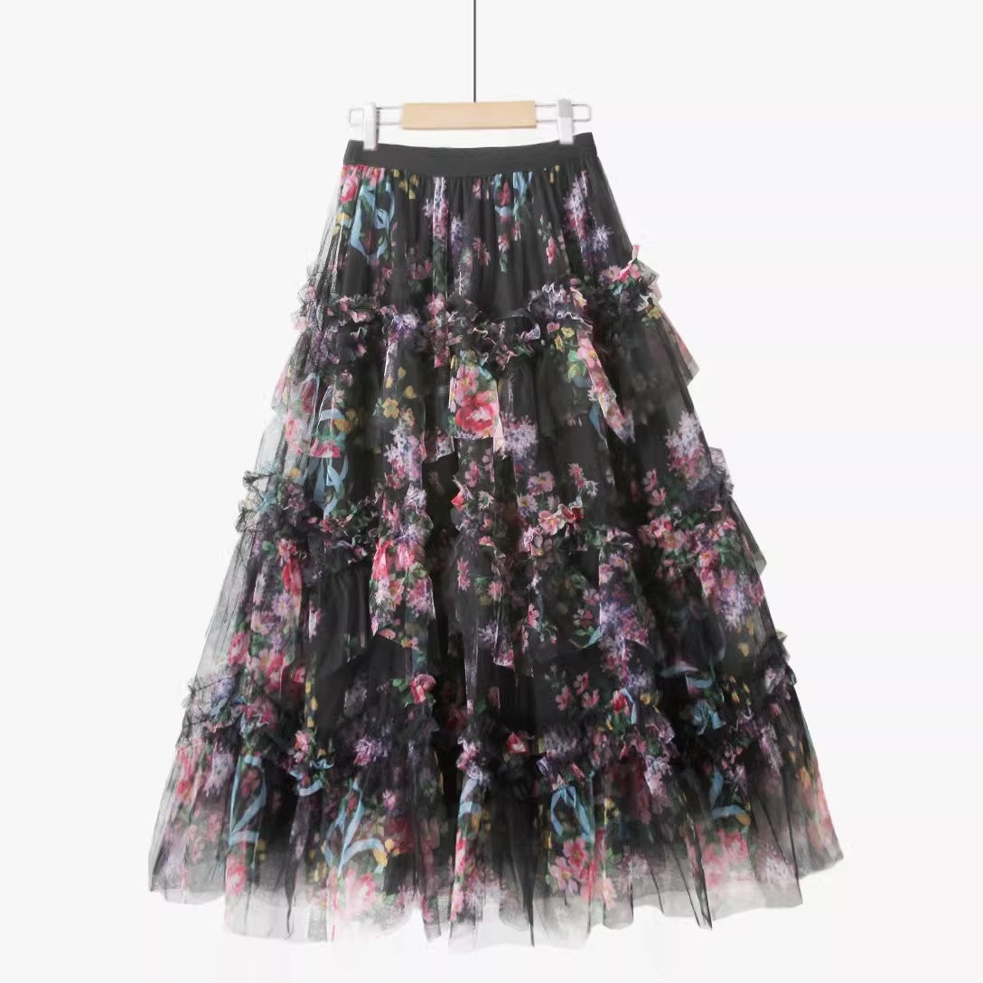 Women's Patchwork Print Mesh Cake Skirt