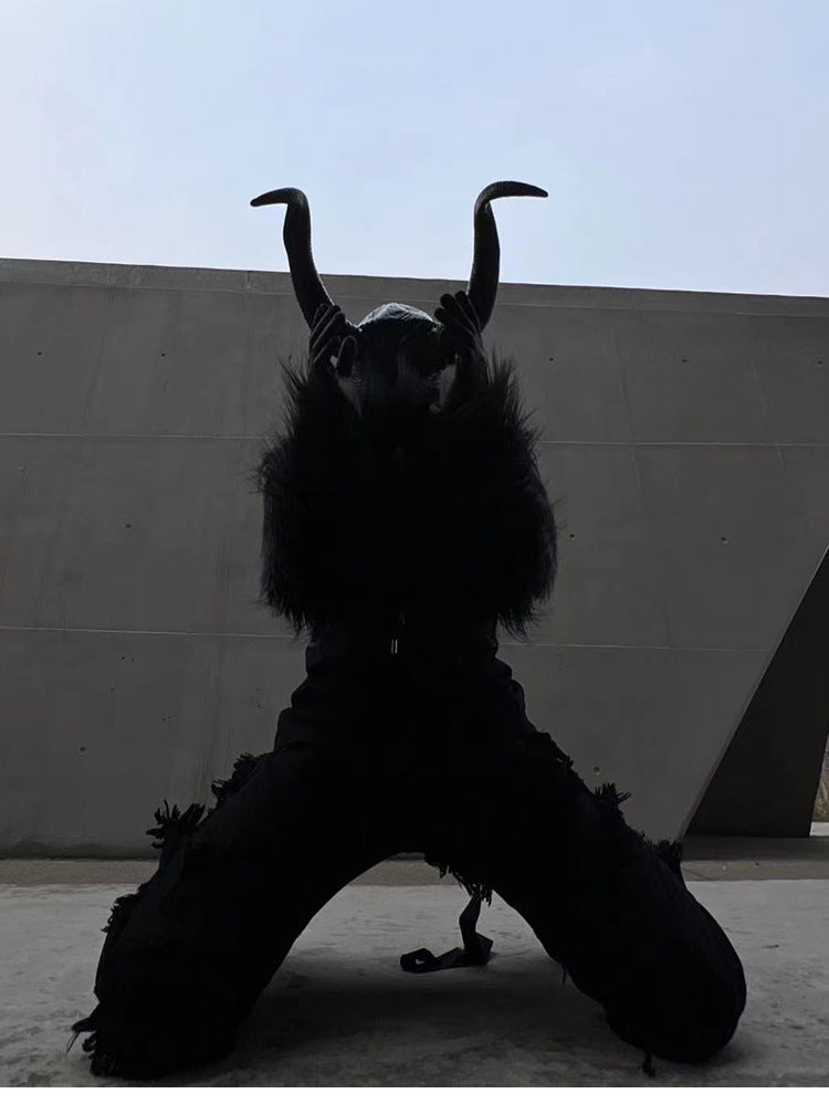 Halloween Dark Fantasy Horned Headpiece & Cropped Faux Fur Jacket Set