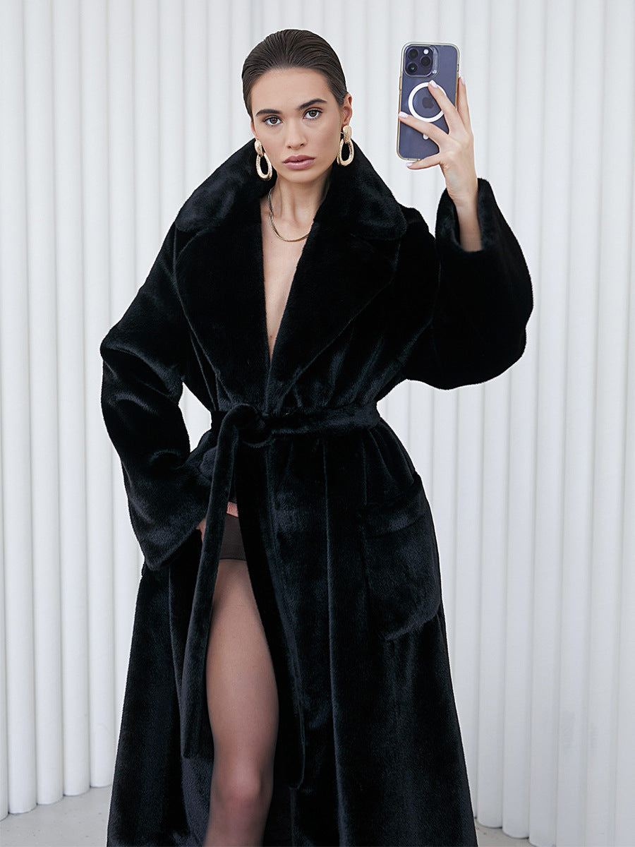 Women's Long Plush Fur Coat with Belted Waist & Notched Lapel