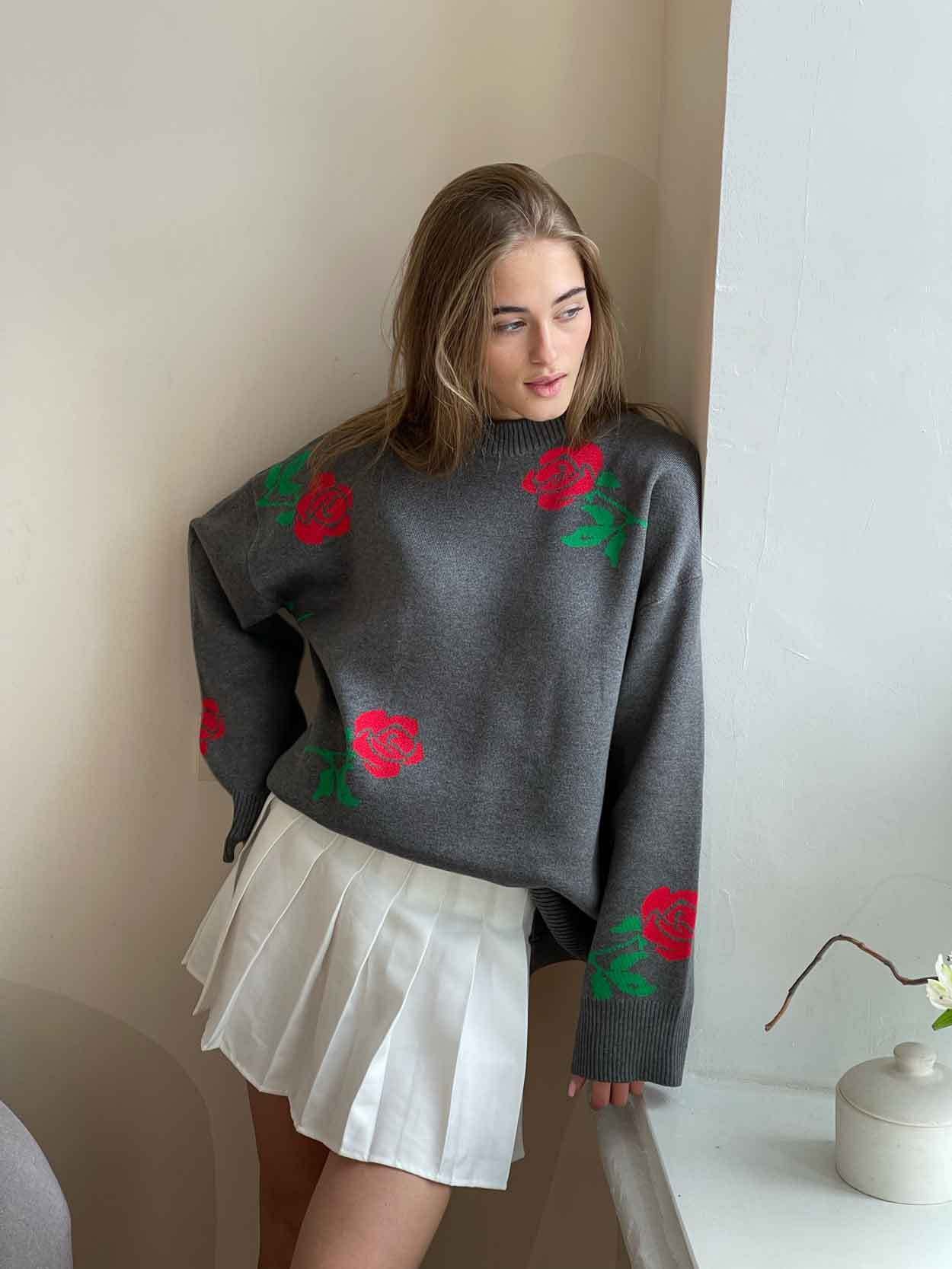 Fashion Rose Flowers Winter Knitted Women Sweaters