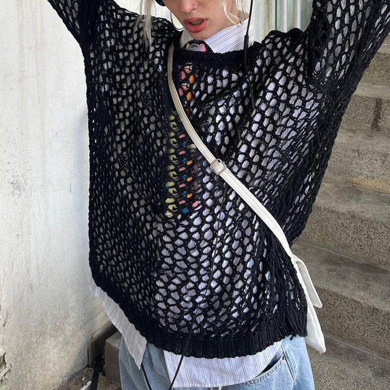 Women's Summer Boho Crochet Mesh Knit Oversized Pullover.