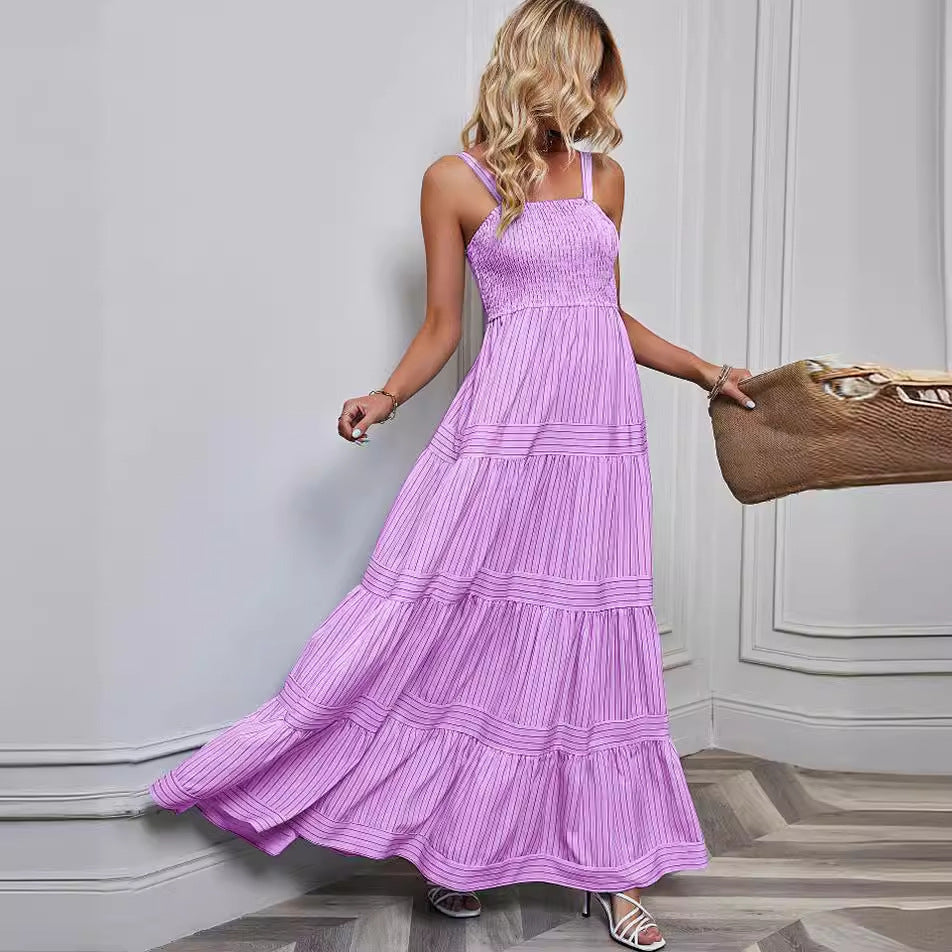 Women's Striped Vacation Dress with Sleeveless Design