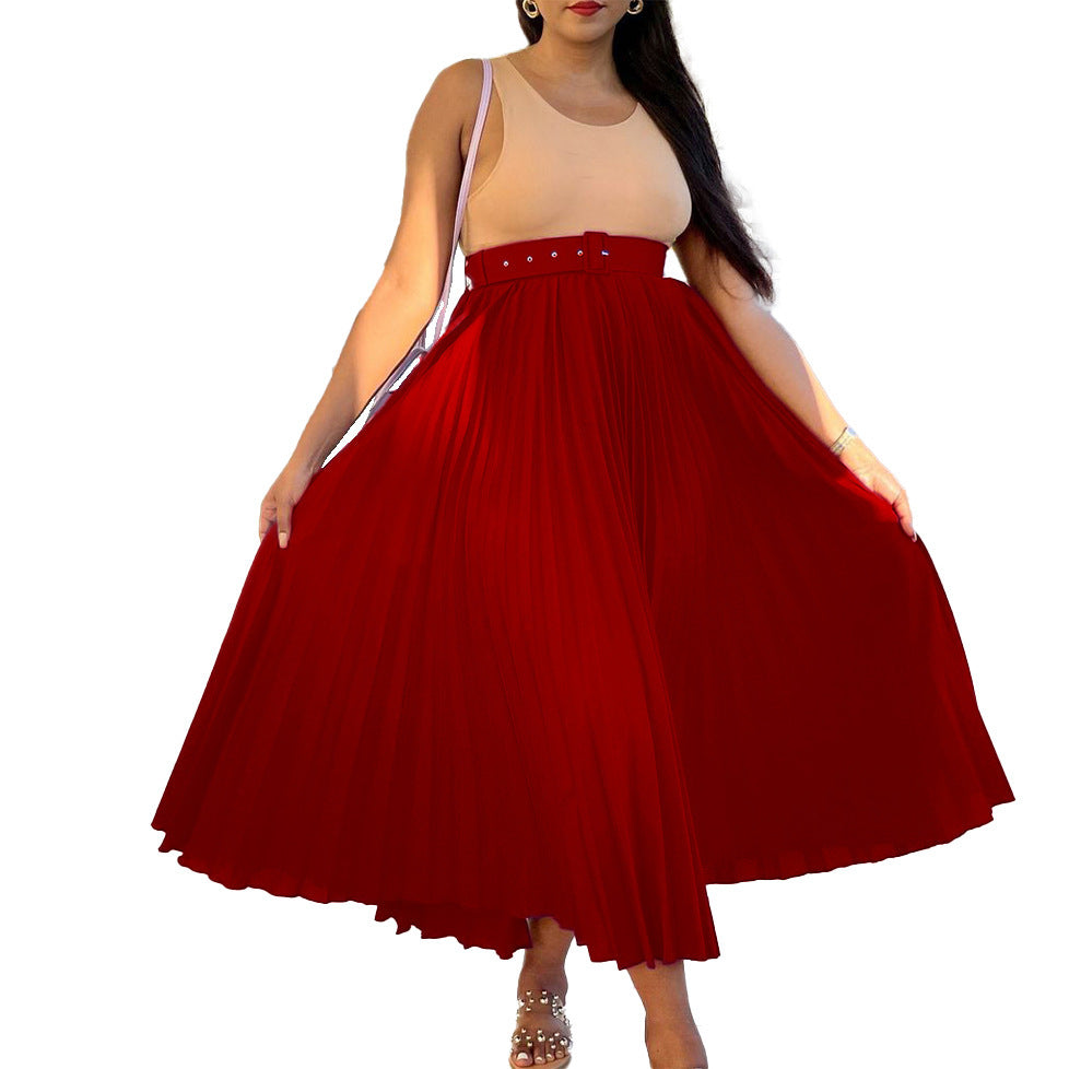 High-Waisted Pleated Midi Skirt with Belt