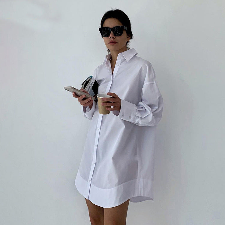 Oversized Fall White Button-Down Cotton Shirt for Women
