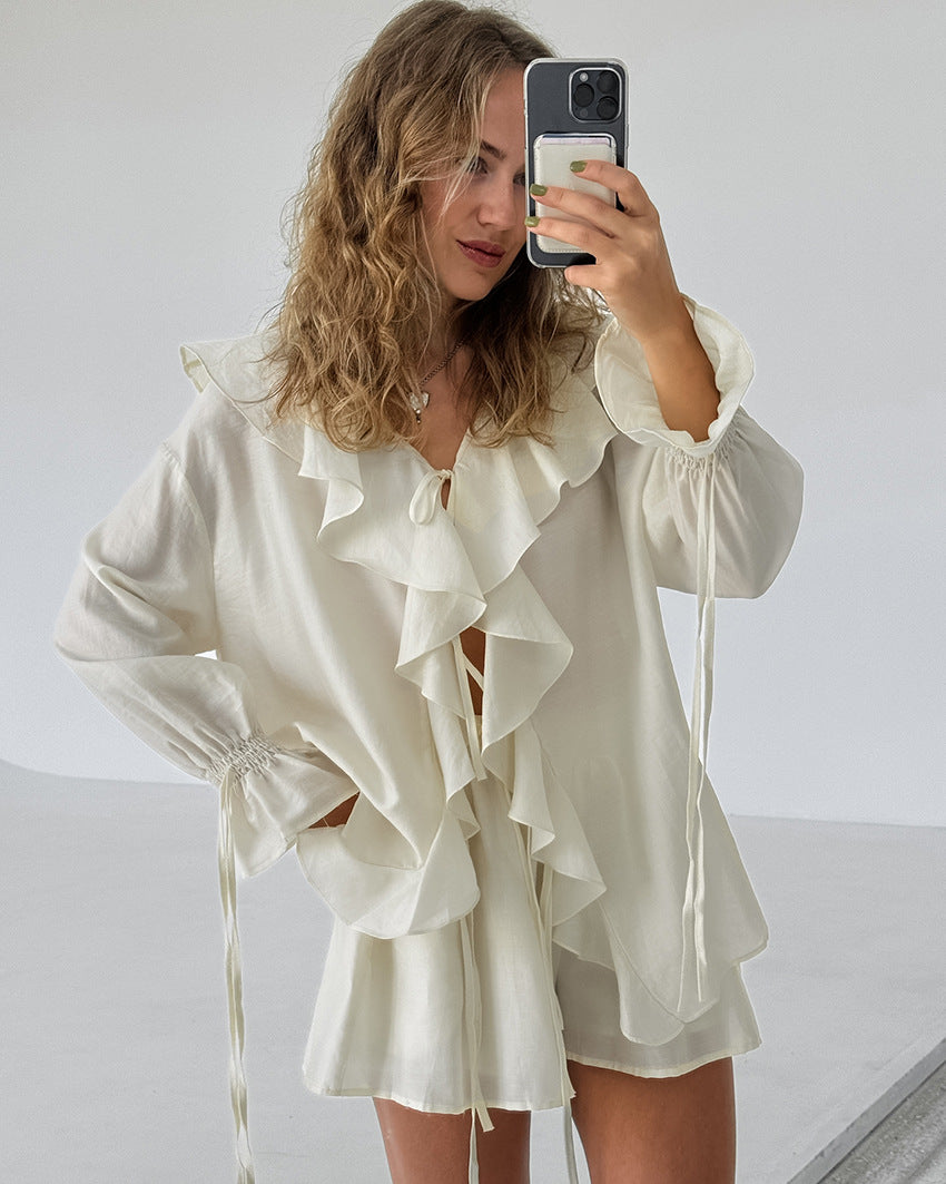 Women's V-Neck Flowy Blouse & Shorts Set