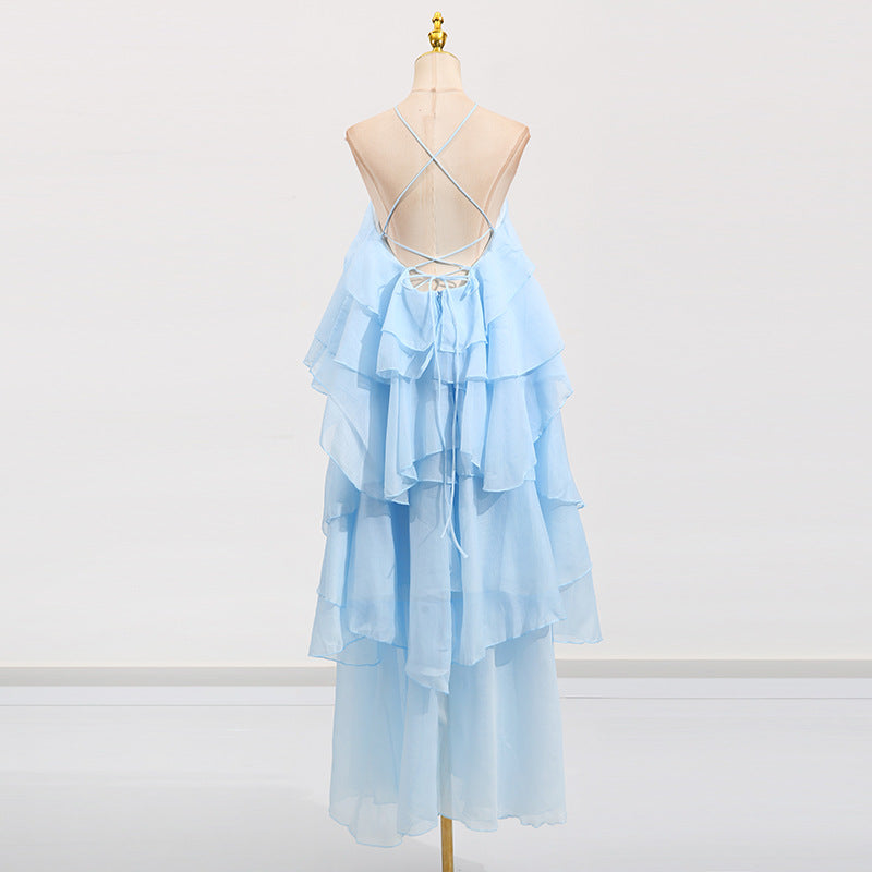 Elegant High-Society Style Dress – Off-Shoulder Backless Maxi Dress with Layered Hem