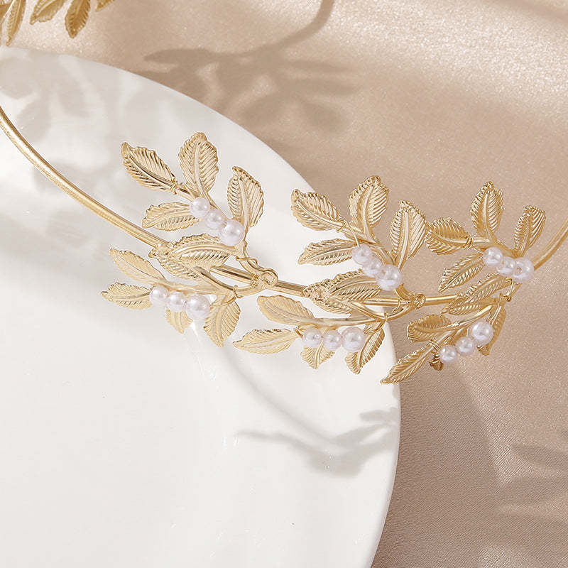 Gold Leaf Pearl Headband – Elegant Wire Wrap Hair Accessory for Women