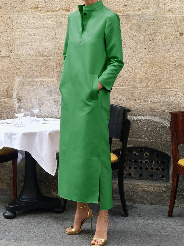 Elegant Solid Color Midi Dress with High Neck, Long Sleeves, and Side Slit