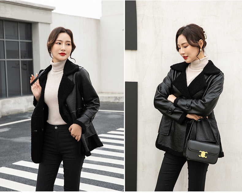 Women's Winter Faux Fur-Trimmed  Plus Sizes Leather Jacket