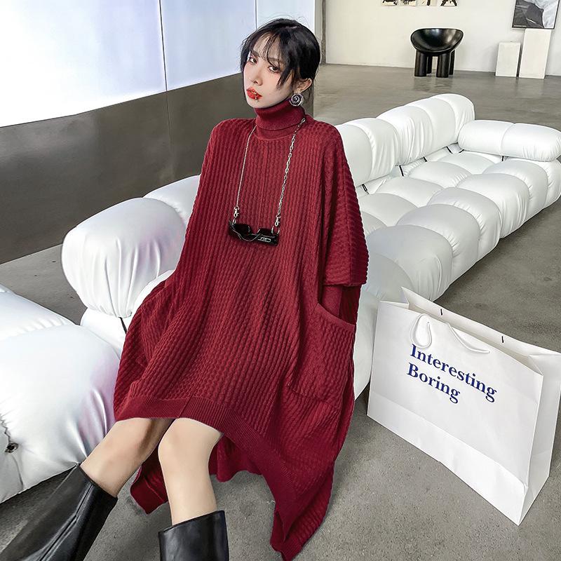 Women High Neck High Low Designed Knitted Long Cozy Dresses--Free Shipping at meselling99