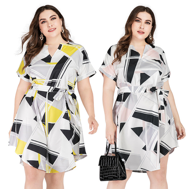 Summer Geometry Print Short Sleeves Plus Sizes Dresses-Dresses-Yellow-XL-Free Shipping at meselling99